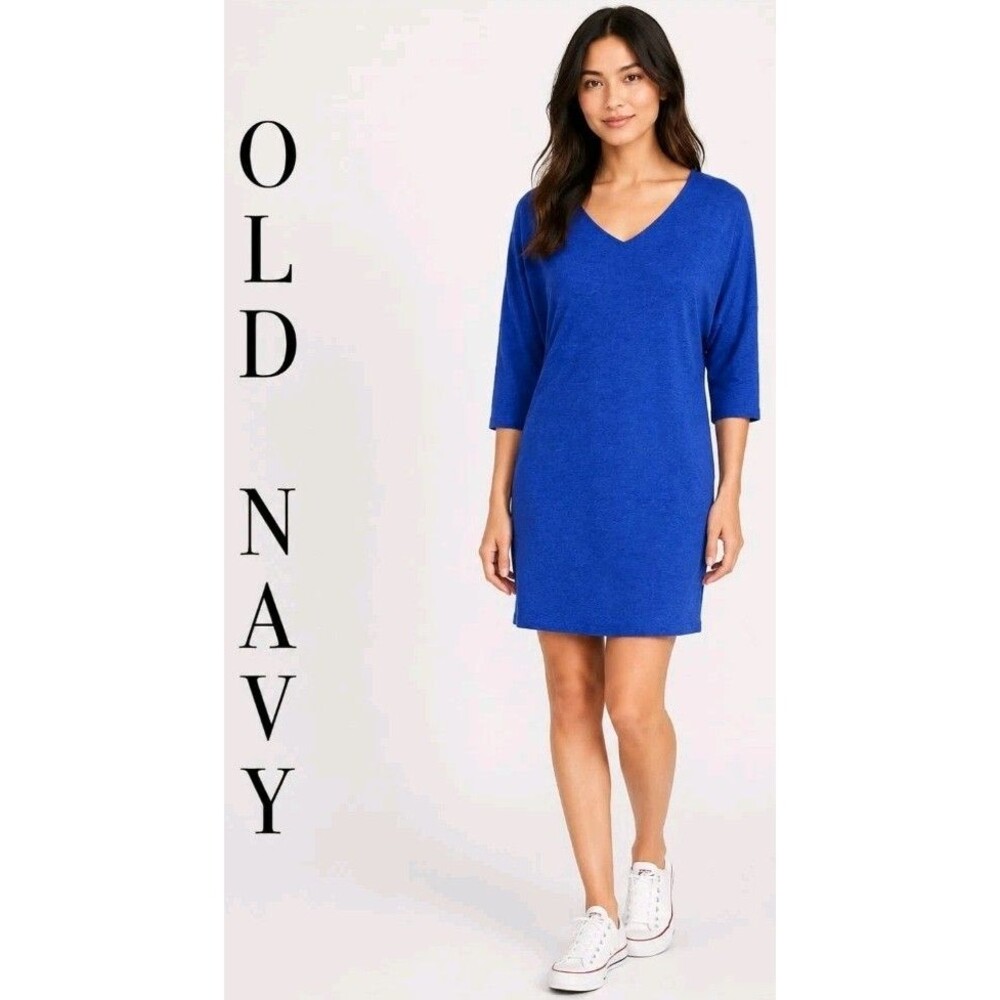 NWT OLD NAVY Womens XS V-Neck Casual Minimalist Navy Blue Knit T-Shirt Dress